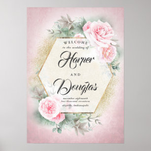 Póster Signo de bienvenida del Boda floral rosa Rubor
