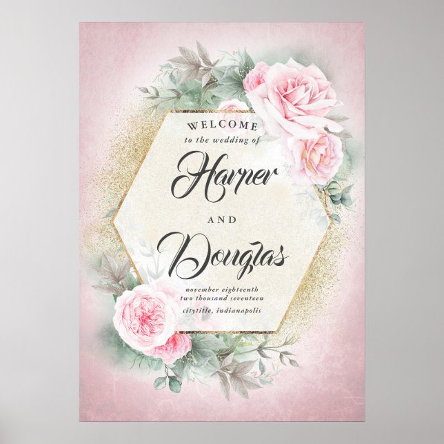 Póster Signo de bienvenida del Boda floral rosa Rubor (Frente)