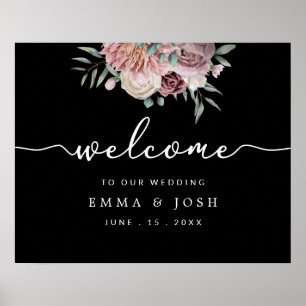 Póster Signo de bienvenida del Boda floral rosado negro