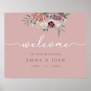 Póster Signo de bienvenida del Boda floral rosado Rosa