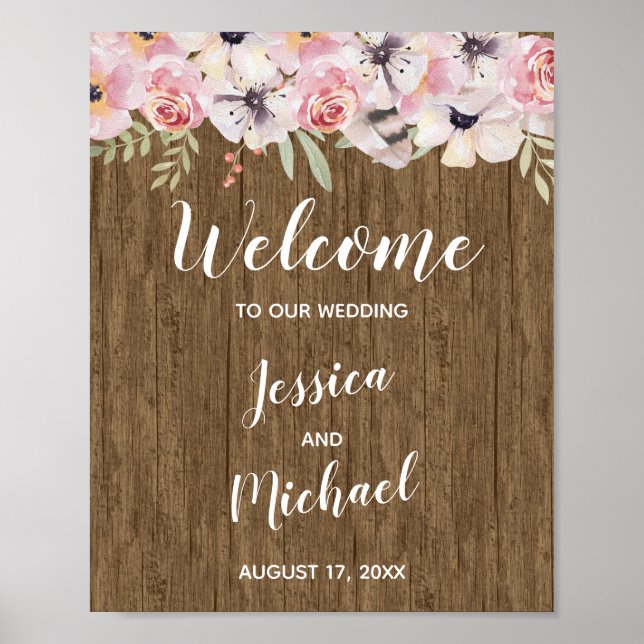 Póster Signo de bienvenida del Boda floral rústico Boho W (Frente)
