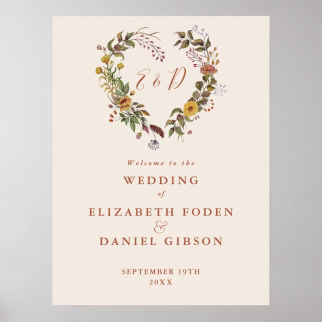 Póster Signo de bienvenida del Boda floral rústico otoño (Frente)