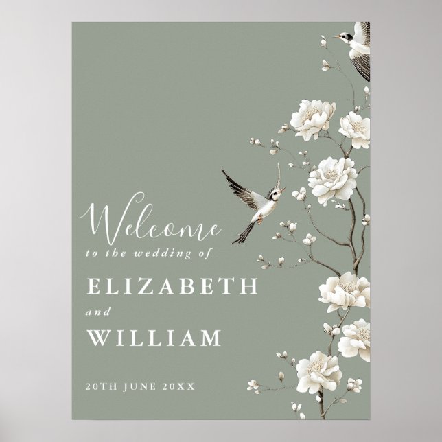 Póster Signo de bienvenida del Boda floral Sage Green Chi (Frente)