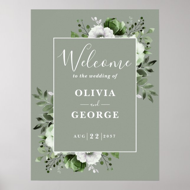 Póster Signo de bienvenida del Boda floral Sage Green Rus (Frente)