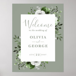Póster Signo de bienvenida del Boda floral verde sabio