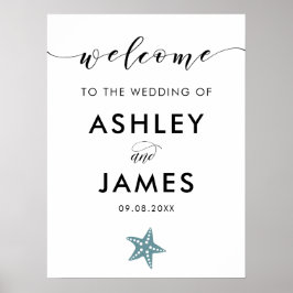Póster Signo de bienvenida del Boda Gray Blue Starfish