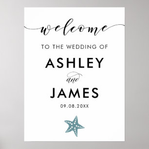 Póster Signo de bienvenida del Boda Gray Blue Starfish