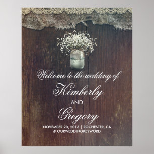 Póster Signo de bienvenida del Boda Mason Jar del aliento