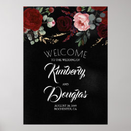 Póster Signo de bienvenida del Boda negro floral rojo de