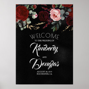 Póster Signo de bienvenida del Boda negro floral rojo de 