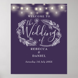Póster Signo de bienvenida del Boda Purple Floral String