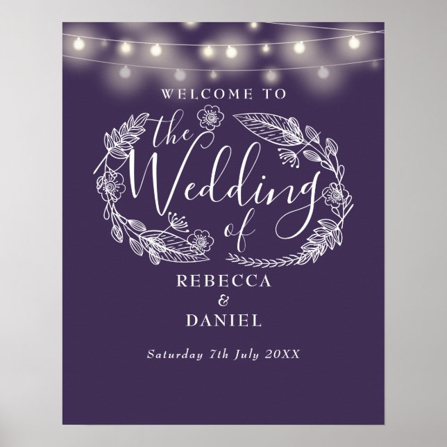 Póster Signo de bienvenida del Boda Purple Floral String  (Frente)