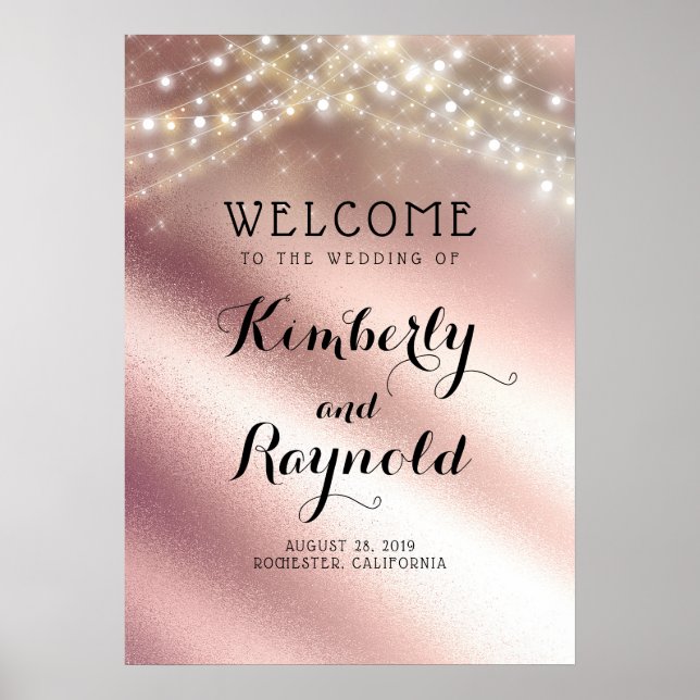 Póster Signo de bienvenida del Boda Rosa Purpurina dorado (Frente)