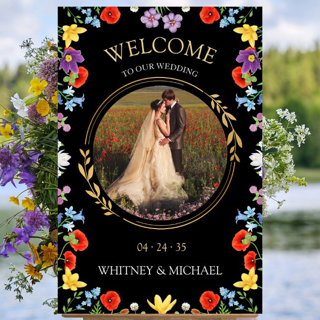 Póster Signo de bienvenida del Boda ruso de foto de Boho  (Rustic Boho Wildflower Photo Wedding Welcome Sign)