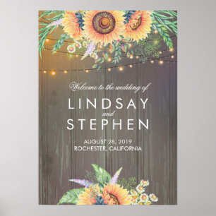 Póster Signo de bienvenida del Boda Rustic Wood and Sunfl