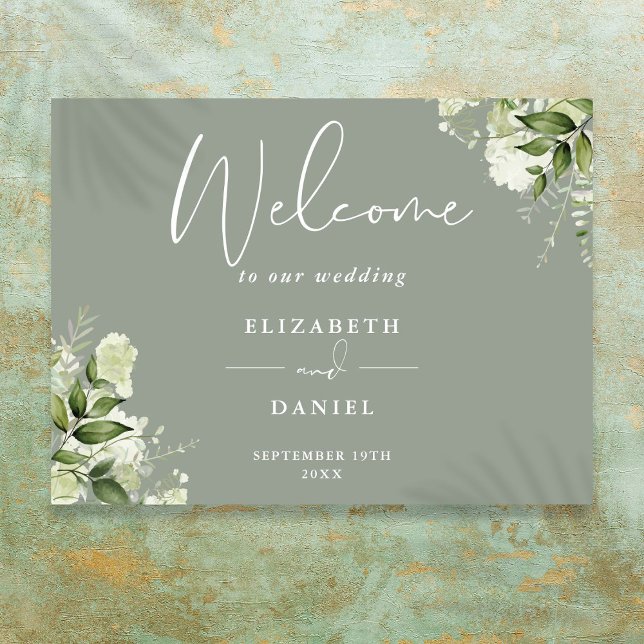 Póster Signo de bienvenida del Boda Sage Green Floral Gre (Sage Green Floral Greenery Wedding Welcome Sign)