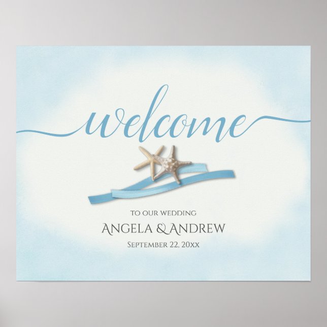 Póster Signo de bienvenida del Boda Starfish and Blue Rib (Frente)