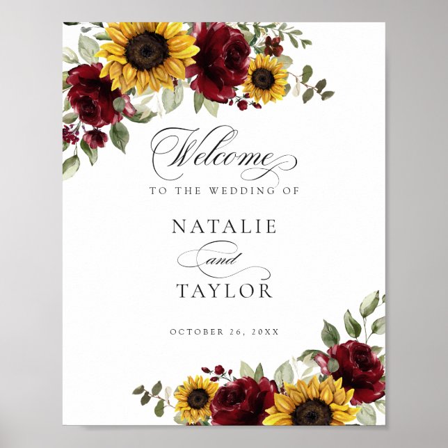 Póster Signo de bienvenida del Boda Sunflowers Burgundy G (Frente)