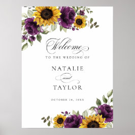 Póster Signo de bienvenida del Boda Sunflowers Purple Gre