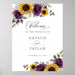 Póster Signo de bienvenida del Boda Sunflowers Purple Gre