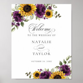 Póster Signo de bienvenida del Boda Sunflowers Purple Gre