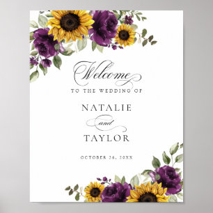 Póster Signo de bienvenida del Boda Sunflowers Purple Gre