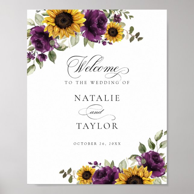 Póster Signo de bienvenida del Boda Sunflowers Purple Gre (Frente)