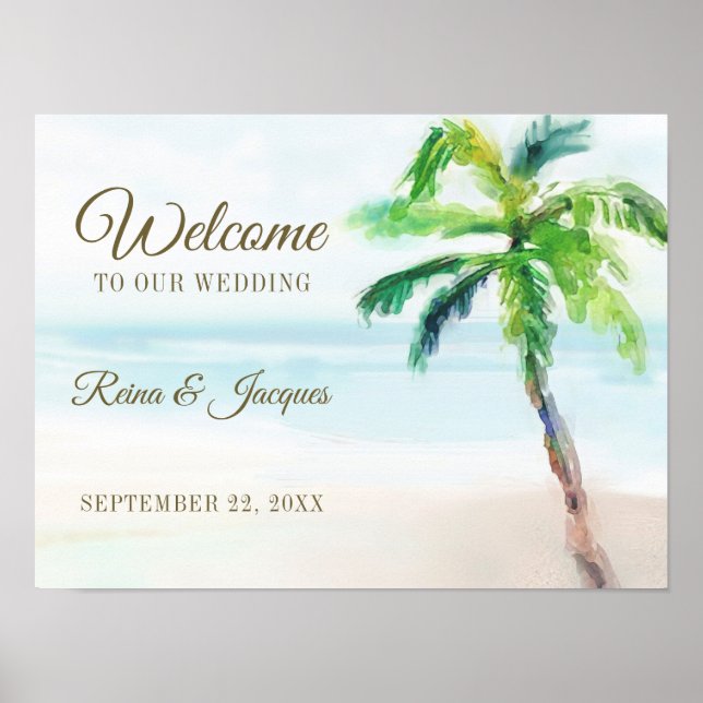 Póster Signo de bienvenida del Boda Tropical Beach Palm T (Frente)