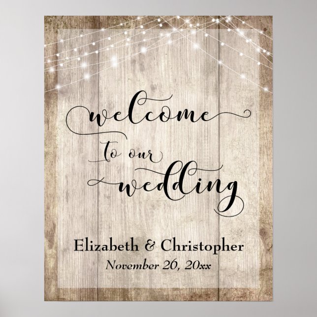 Póster Signo de bienvenida del Boda Weathered Wood & Ligh (Frente)