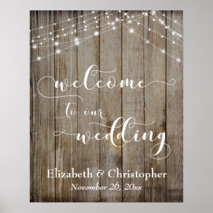 Póster Signo de bienvenida del Boda Weathered Wood & Ligh