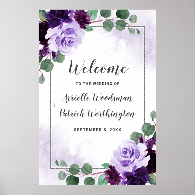 Póster Signo de bienvenida del Boho floral morado y plate (Frente)