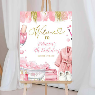 Póster Signo de bienvenida del Fiesta Spa Chica rosa y do
