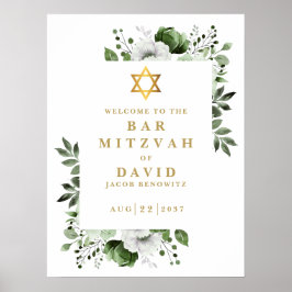 Póster Signo de bienvenida del Green Floral Bar Mitzvah B