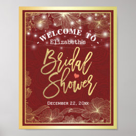 Póster Signo de bienvenida del marco floral rojo y dorado