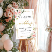 Signo de bienvenida del poster boda floral rosa ro