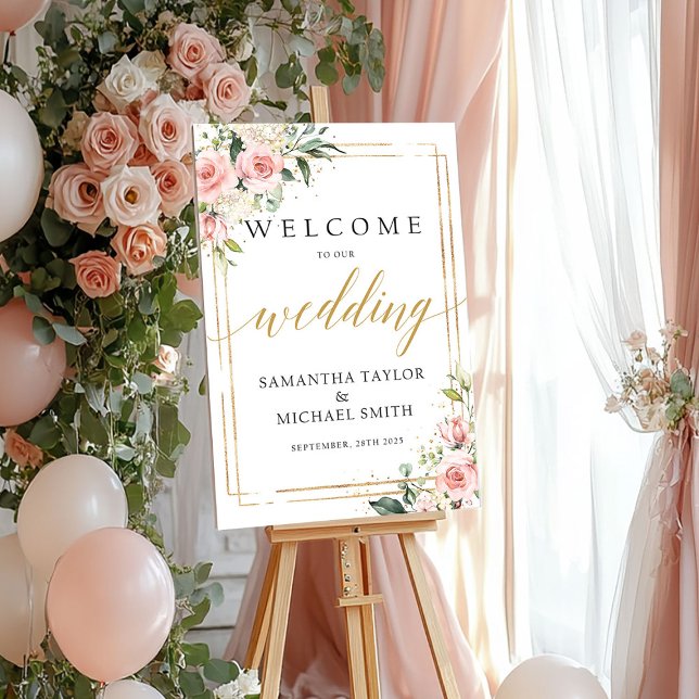 Póster Signo de bienvenida del poster boda floral rosa ro (Boho blush pink floral wedding welcome poster sign)