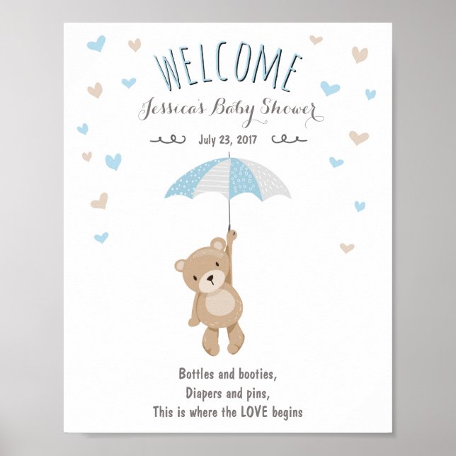 Póster Signo de bienvenida ducha bebé Teddy Bear Blue Boy (Frente)