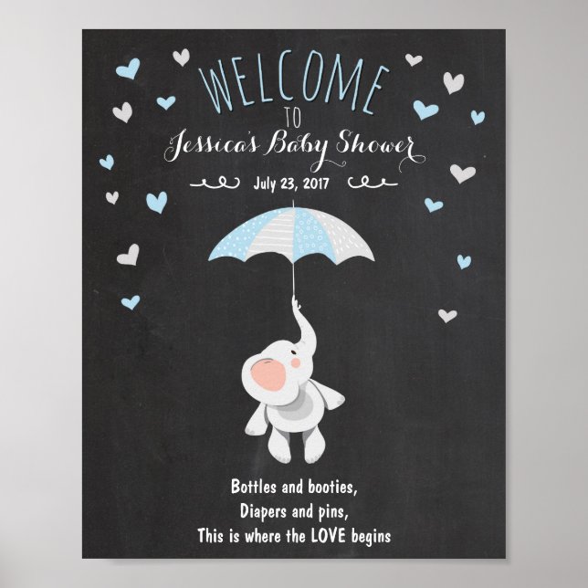 Póster Signo de bienvenida ducha de bebé elefante Blue Bo (Frente)