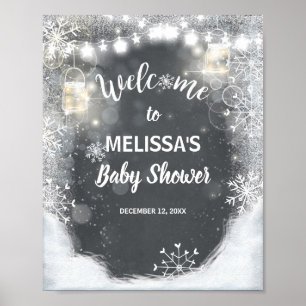 Póster Signo de bienvenida ducha de bebé Invierno Snowfla