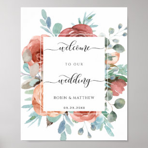 Póster Signo de bienvenida elegante de boda, floral etére