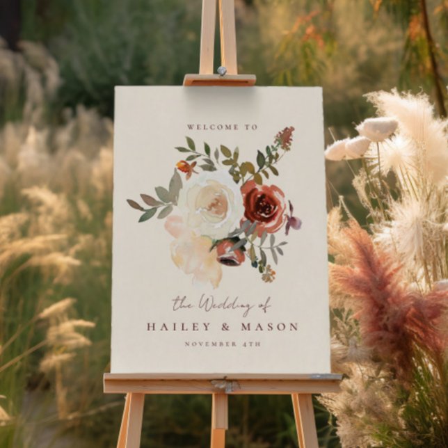 Póster Signo de bienvenida elegante del Boda rojo floral  (Subido por el creador)