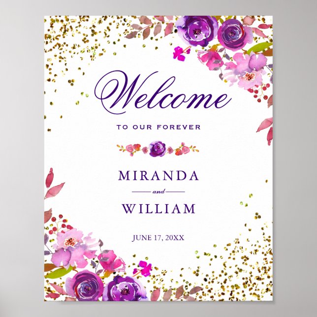 Póster Signo de bienvenida | Elegante Moda Oro Morado Flo (Frente)