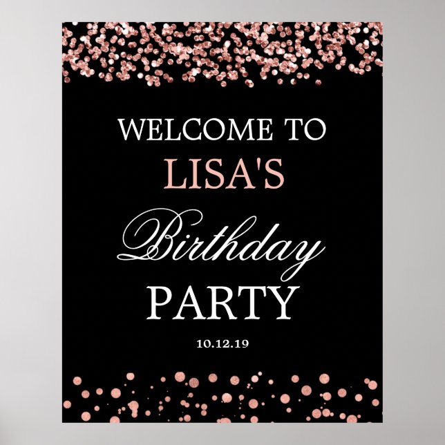Póster Signo de bienvenida elegante Rosa Gold Birthday (Frente)