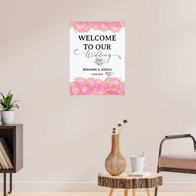 Póster Signo de bienvenida elegante, rosa y Boda dorado (Salón 3)