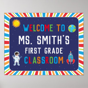 Póster Signo de bienvenida en aula en el tema del espacio