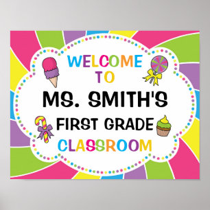 Póster Signo de bienvenida en aula en tema de Candy