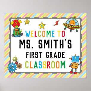 Póster Signo de bienvenida en aula en tema de robots