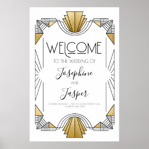 Póster Signo de bienvenida en blanco y dorado del Art Dec
