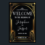 Póster Signo de bienvenida en negro y dorado del Art Deco<br><div class="desc">Art Deco 1920 Roaring Jazz Age Aniversario de cumpleaños Bridal Shower Baby Shower Holiday Corporate Black and Gold Welcome Sign</div>