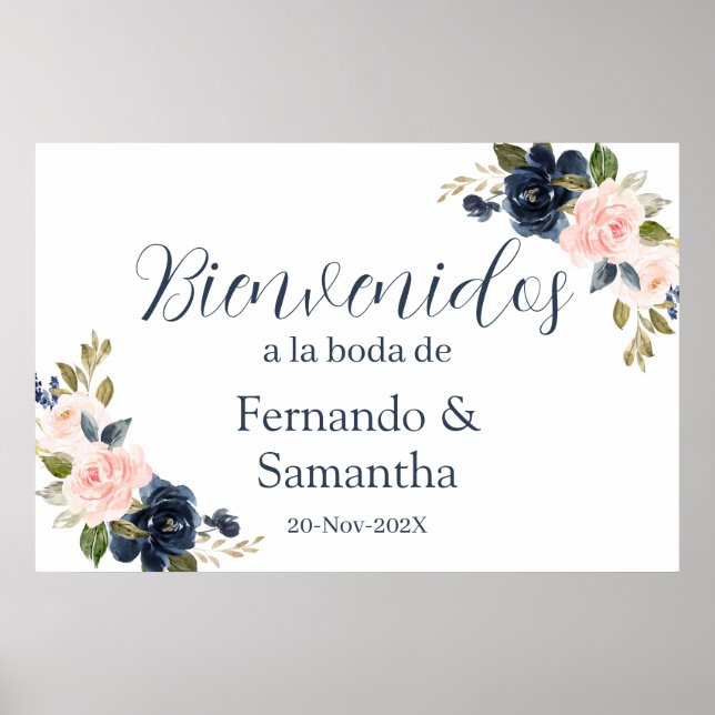 Póster Signo de bienvenida español del Boda floral azul d (Frente)